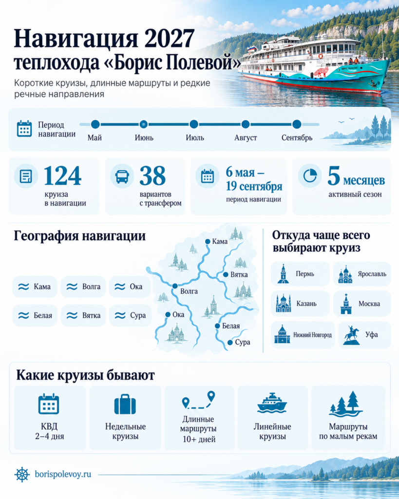 Теплоход «Борис Полевой» — навигация 2027: расписание круизов, 124 круиза, 38 вариантов с трансфером, маршруты по Каме и малым рекам.
